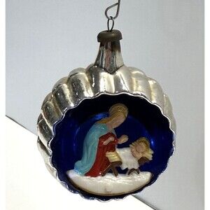 Vintage Indent Diorama Xmas Ornament Madonna Child Nativity Silver Blue Italy